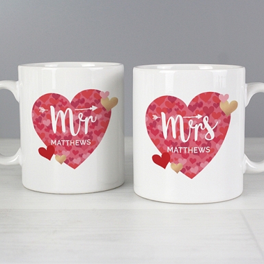 Personalised Mr and Mrs Valentines Day Confetti Hearts Mug Set Delivery to UK